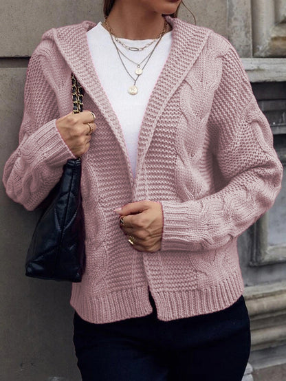 Damen Grobstrick-Cardigan mit Kapuze und Zopfmuster