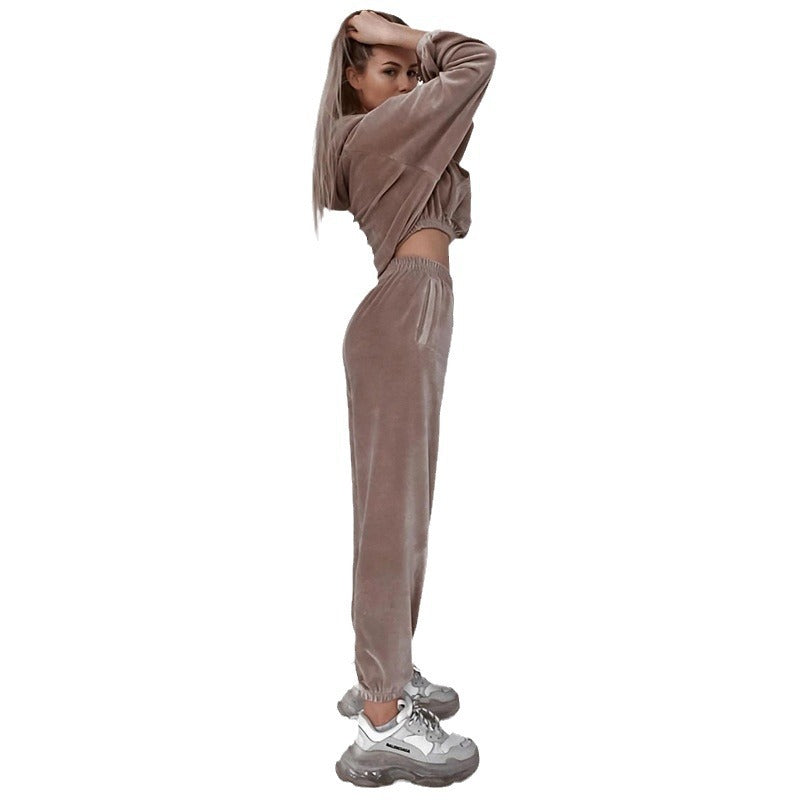 Damen Velours Loungewear-Set Weich Cropped Hoodie Elastische Hose