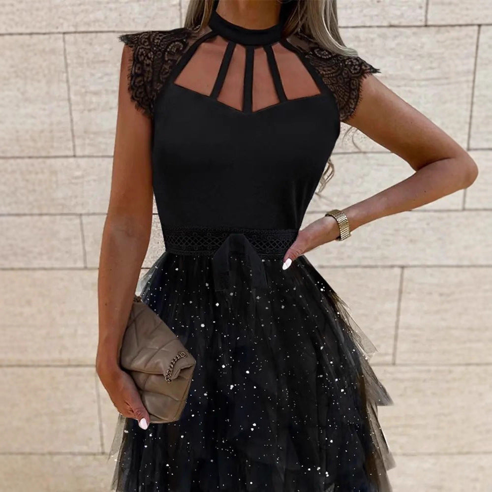 Damen Cocktailkleid Spitzenrand Glitzernder Tüll