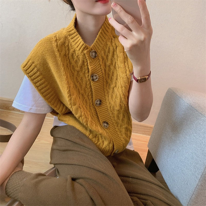 Damen Strickpullover Knopfleiste Zopfmuster