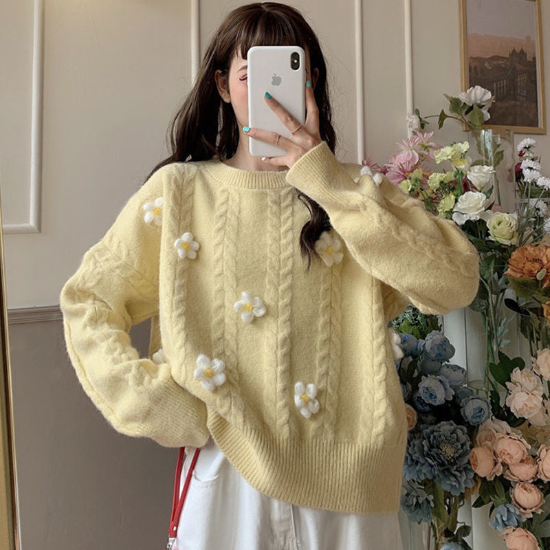 Damen Grobstrickpullover Blumenapplikationen Norvielle - Norvielle