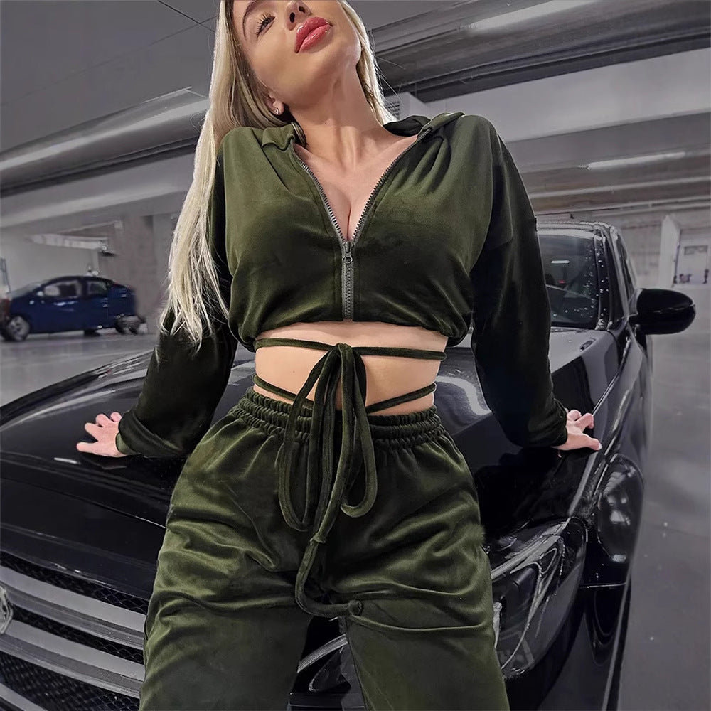 Damen Samt-Jogginganzug Cropped Hoodie Schwarz - Norvielle