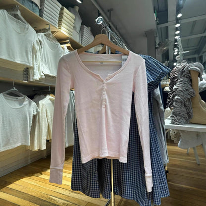 Damen Langarmshirt Rippstruktur Knöpfe Weiß Norvielle