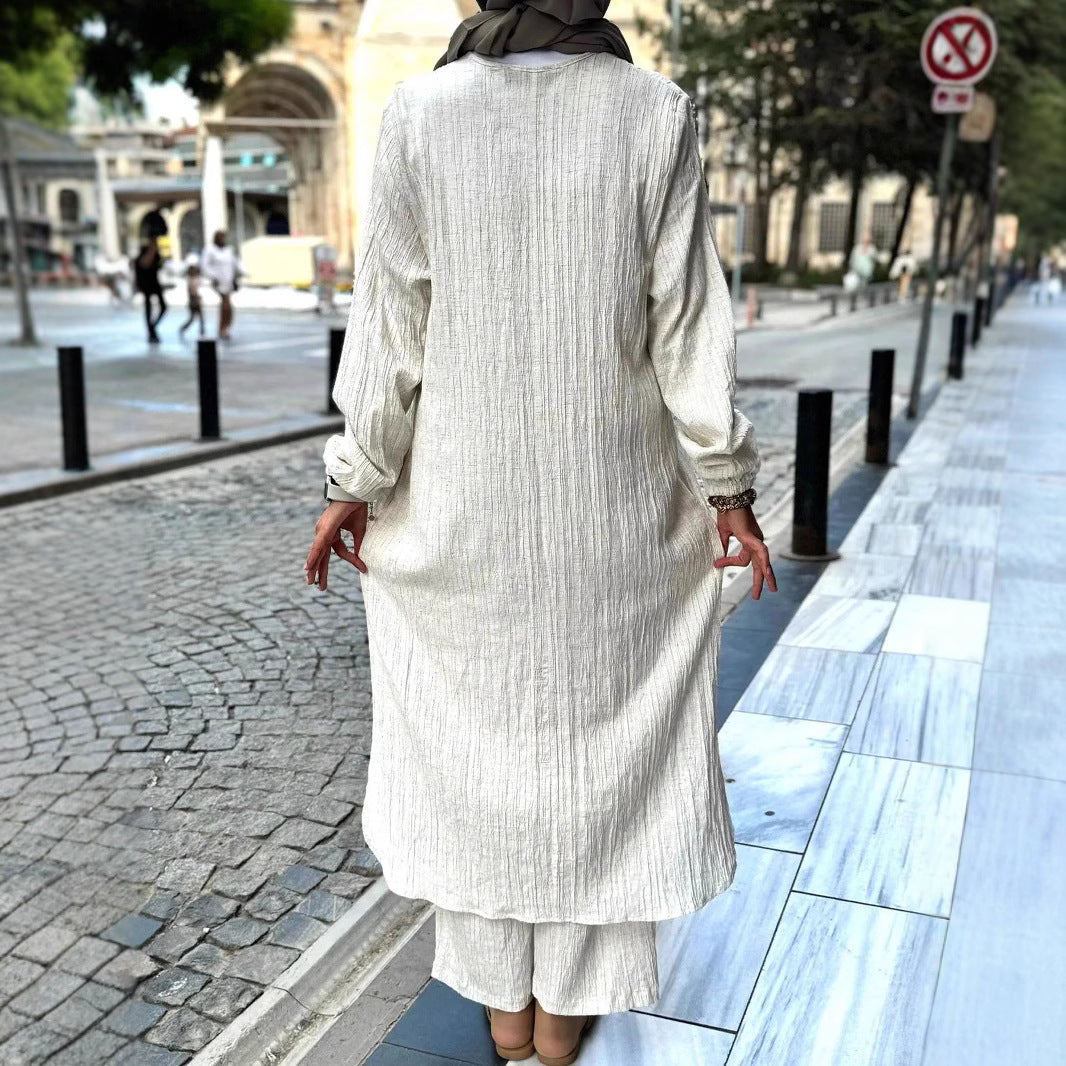 Damen Langarmkleid mit Rüschensaum aus Strukturstoff