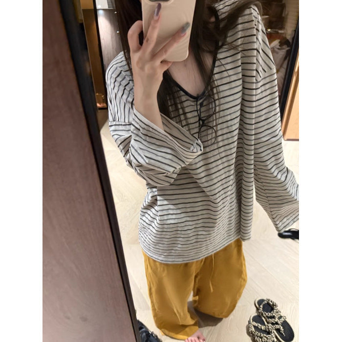 Damen Langarmshirt Gestreift Baumwolle -Weiß