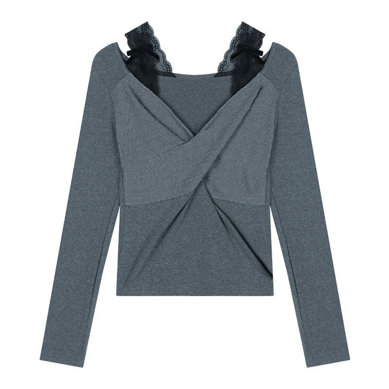 Damen Langarmshirt Spitzenakzent Elegante Raffung Weiß