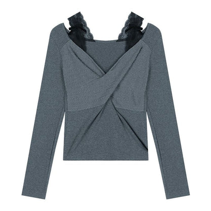 Damen Langarmshirt Spitzenakzent Elegante Raffung Weiß
