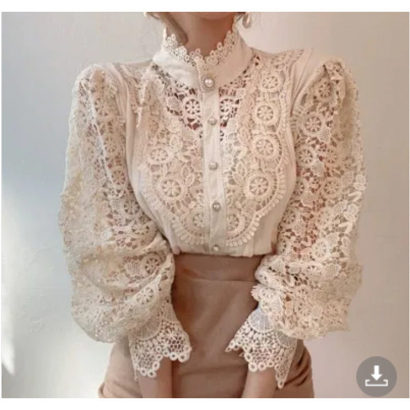 Damen Bluse Spitze Hochkragen Elégant Weiß