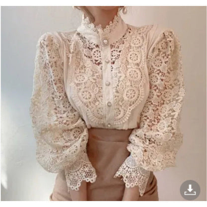 Damen Bluse Spitze Hochkragen Elégant Weiß