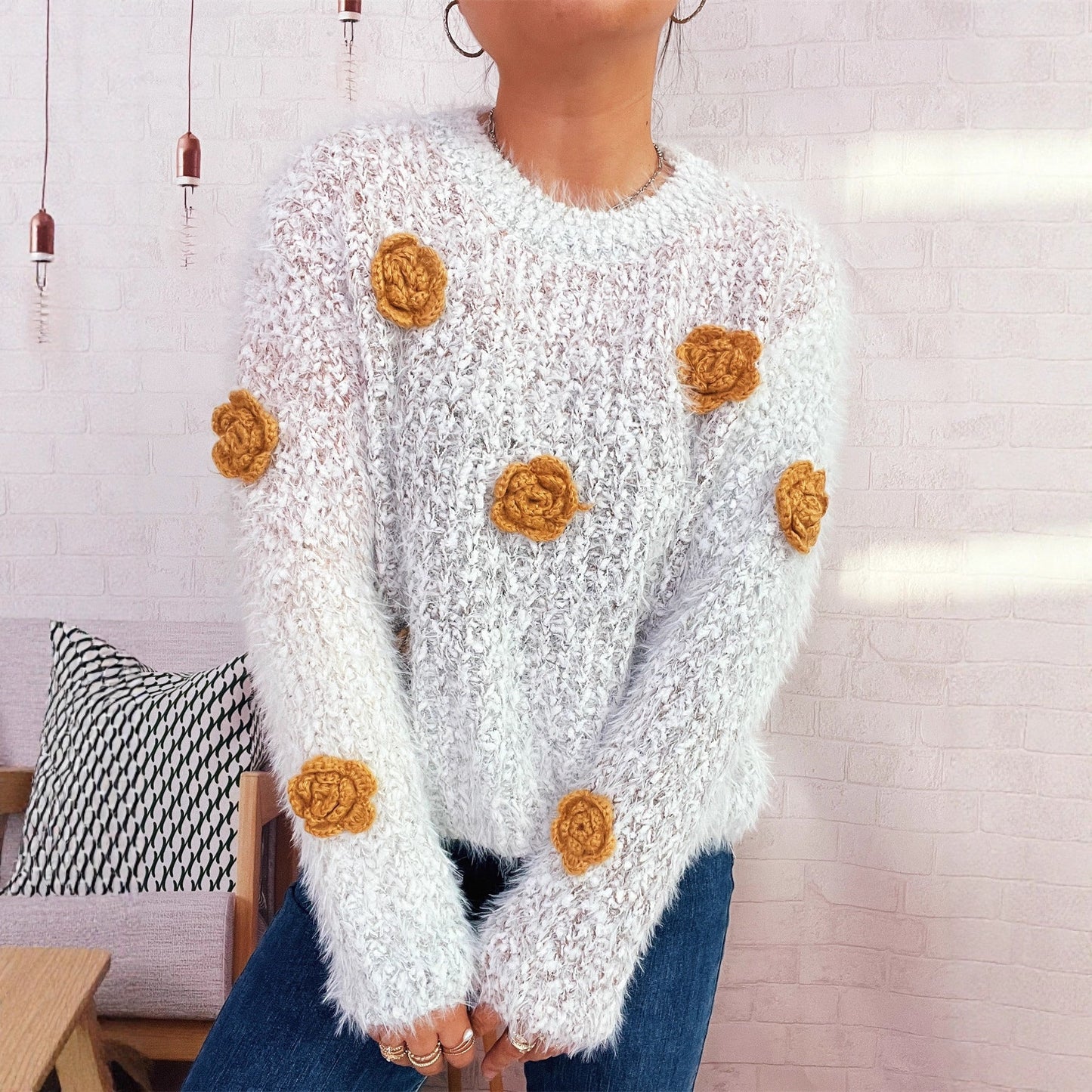 Damen Strickpullover Kuschelig Floralmuster Beige