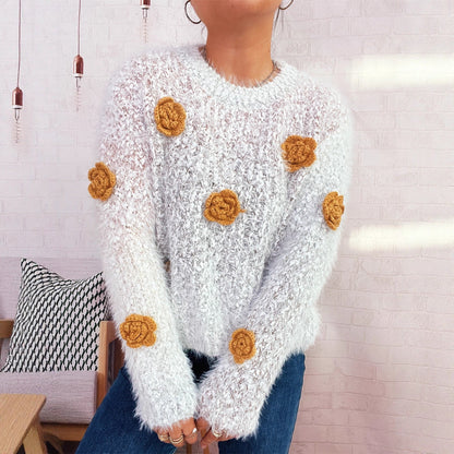 Damen Strickpullover Kuschelig Floralmuster Beige