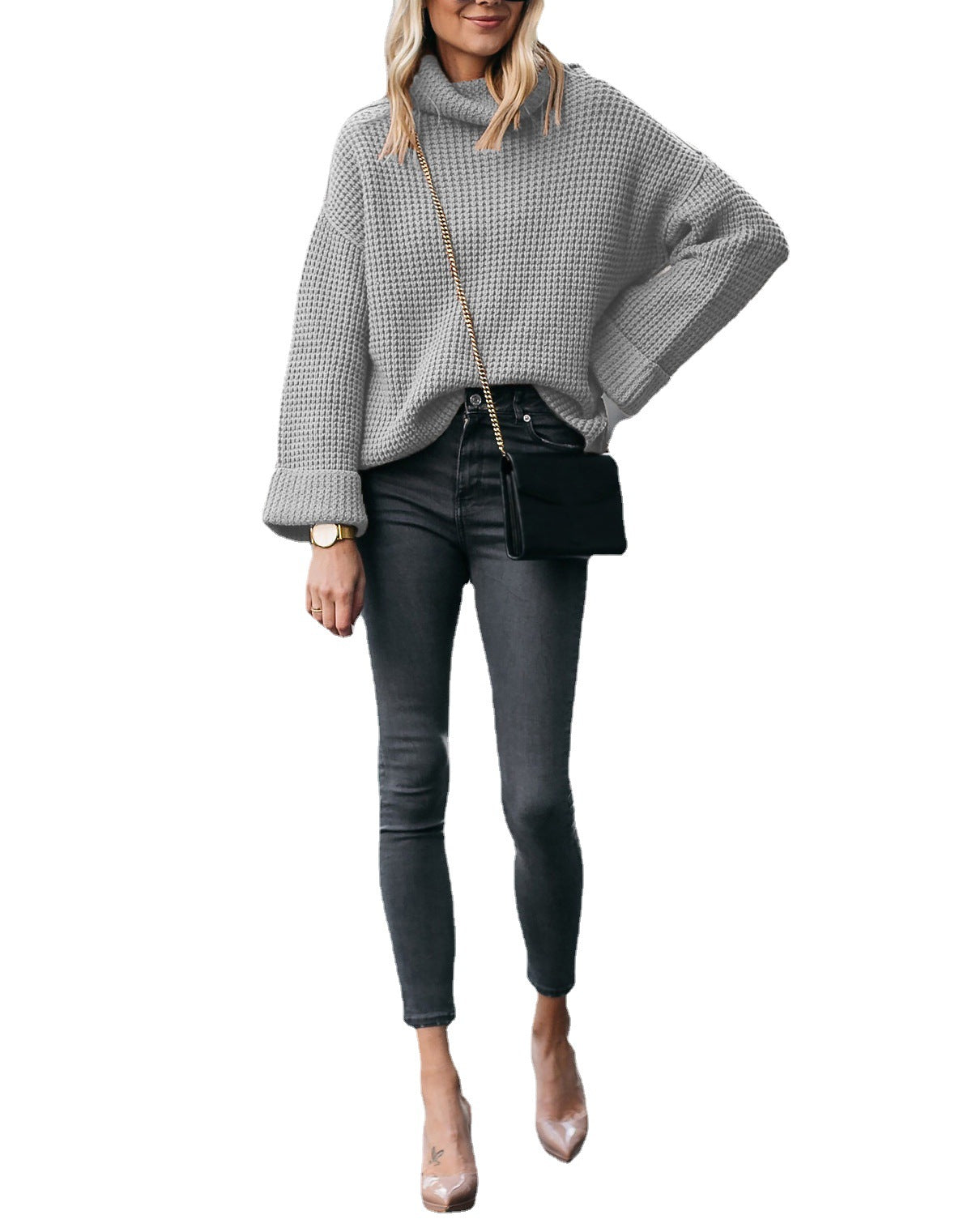 Damen Grobstrickpullover Weit Ärmel Hochkragen Norvielle