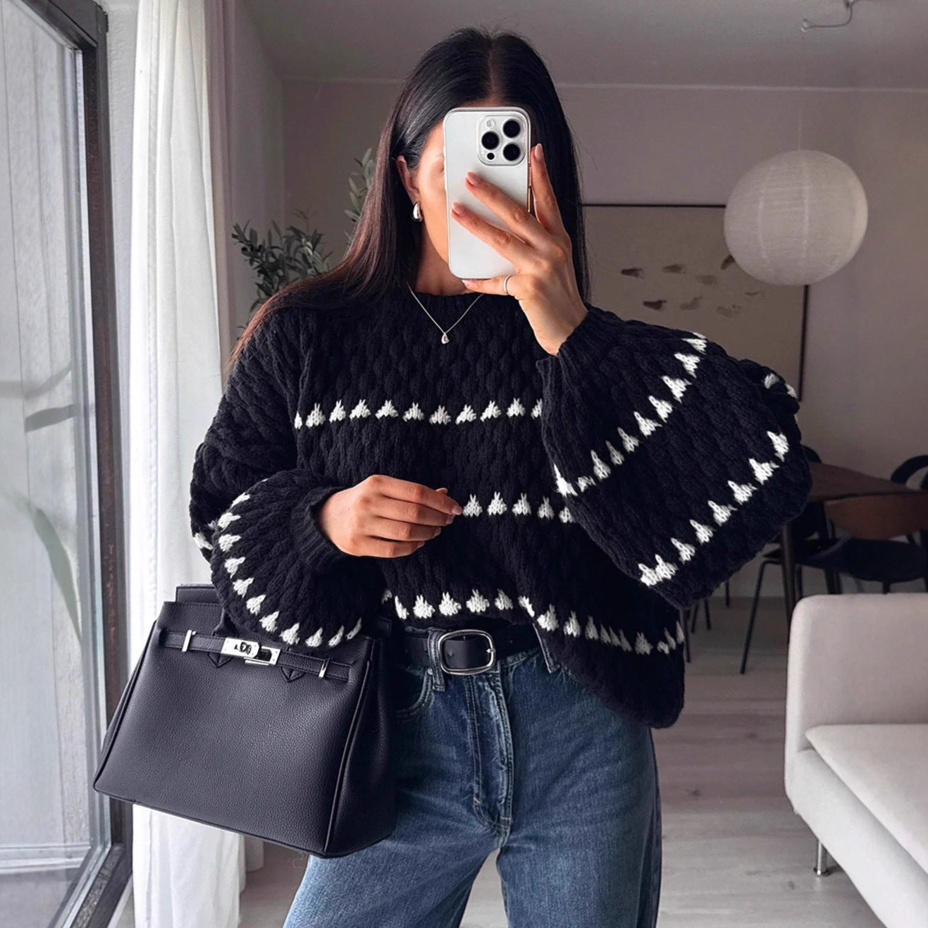Damen Grobstrukturierter Pullover Weite Ärmel
