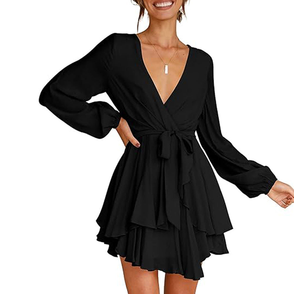 Damen Wickelkleid Langes Ärmelkleid mit Volant Dunkelblau - Norvielle