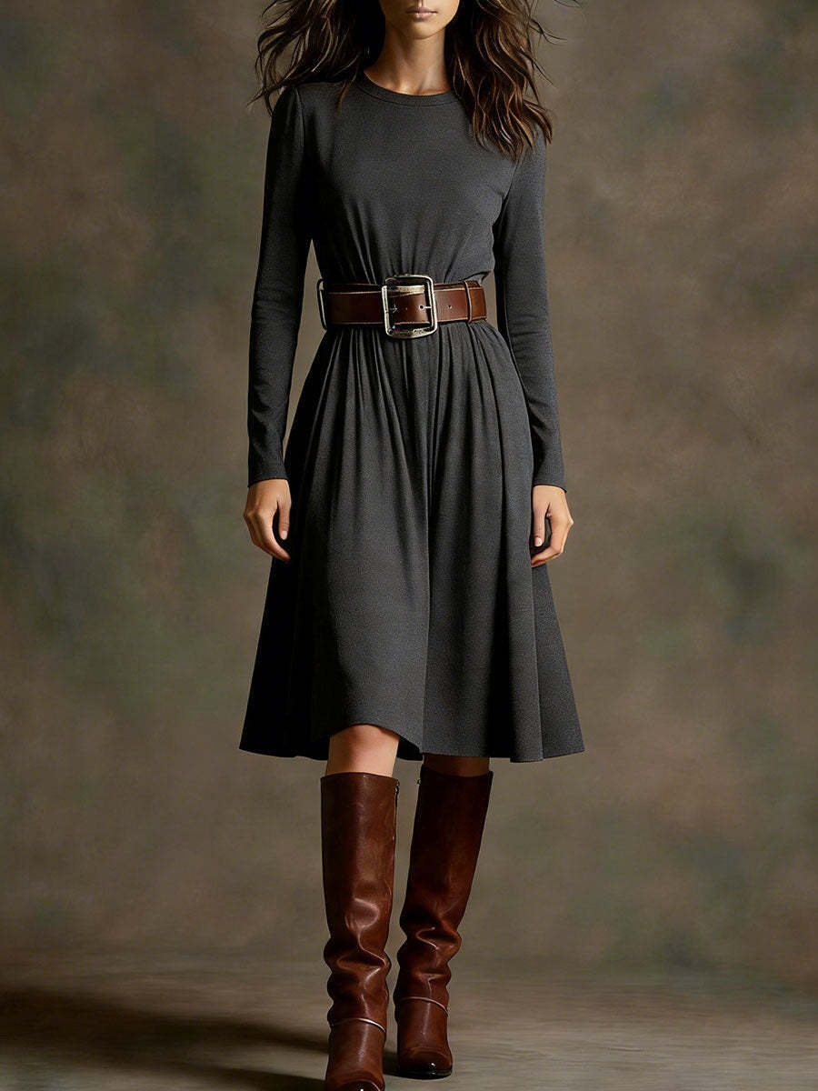 Damen Elegantes Kleid Langarm Taillengürtel Norvielle