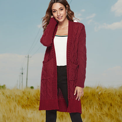 Damen Grobstrick Cardigan Zopfmuster Taschen Beige