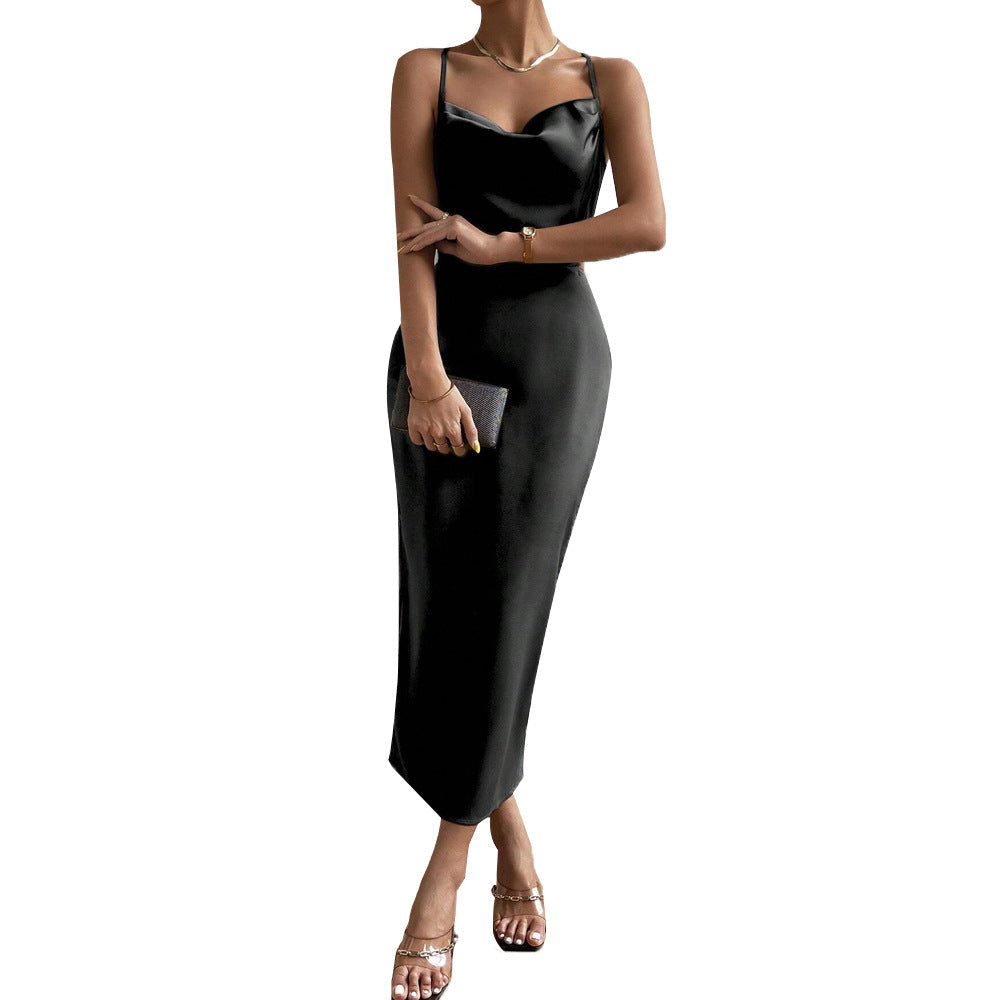 Damen Satin Maxikleid V-Ausschnitt Feine Träger Elegantes Design