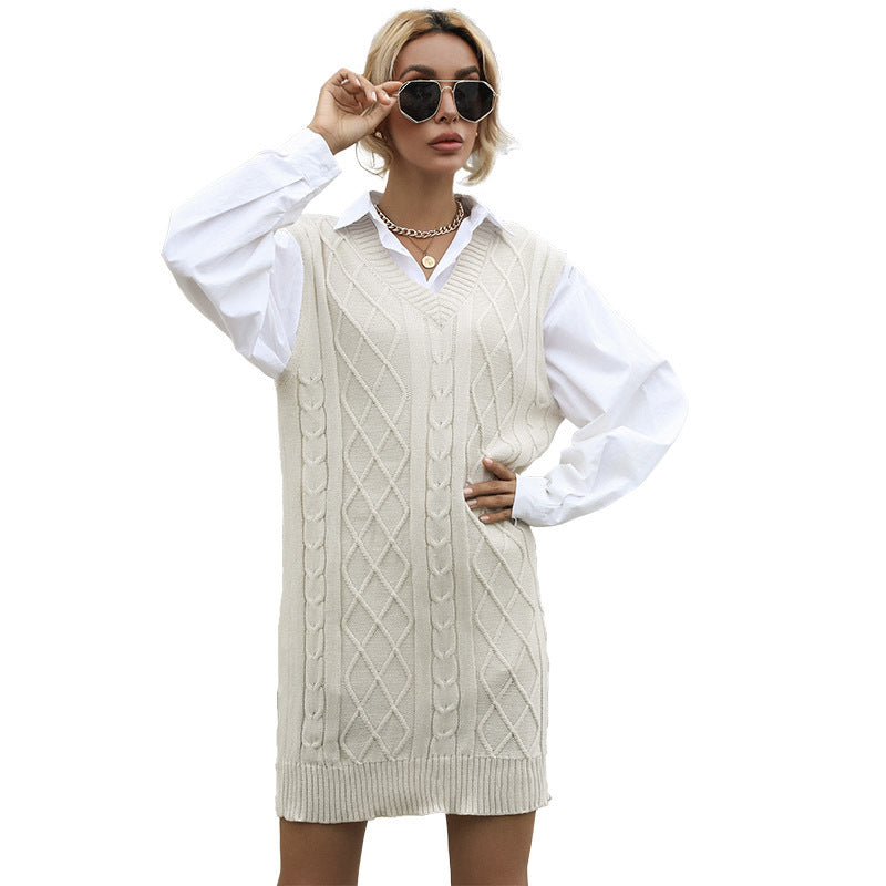 Damen Strickkleid V-Ausschnitt Dekorativer Gürtel Norvielle