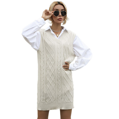 Damen Strickkleid V-Ausschnitt Dekorativer Gürtel Norvielle