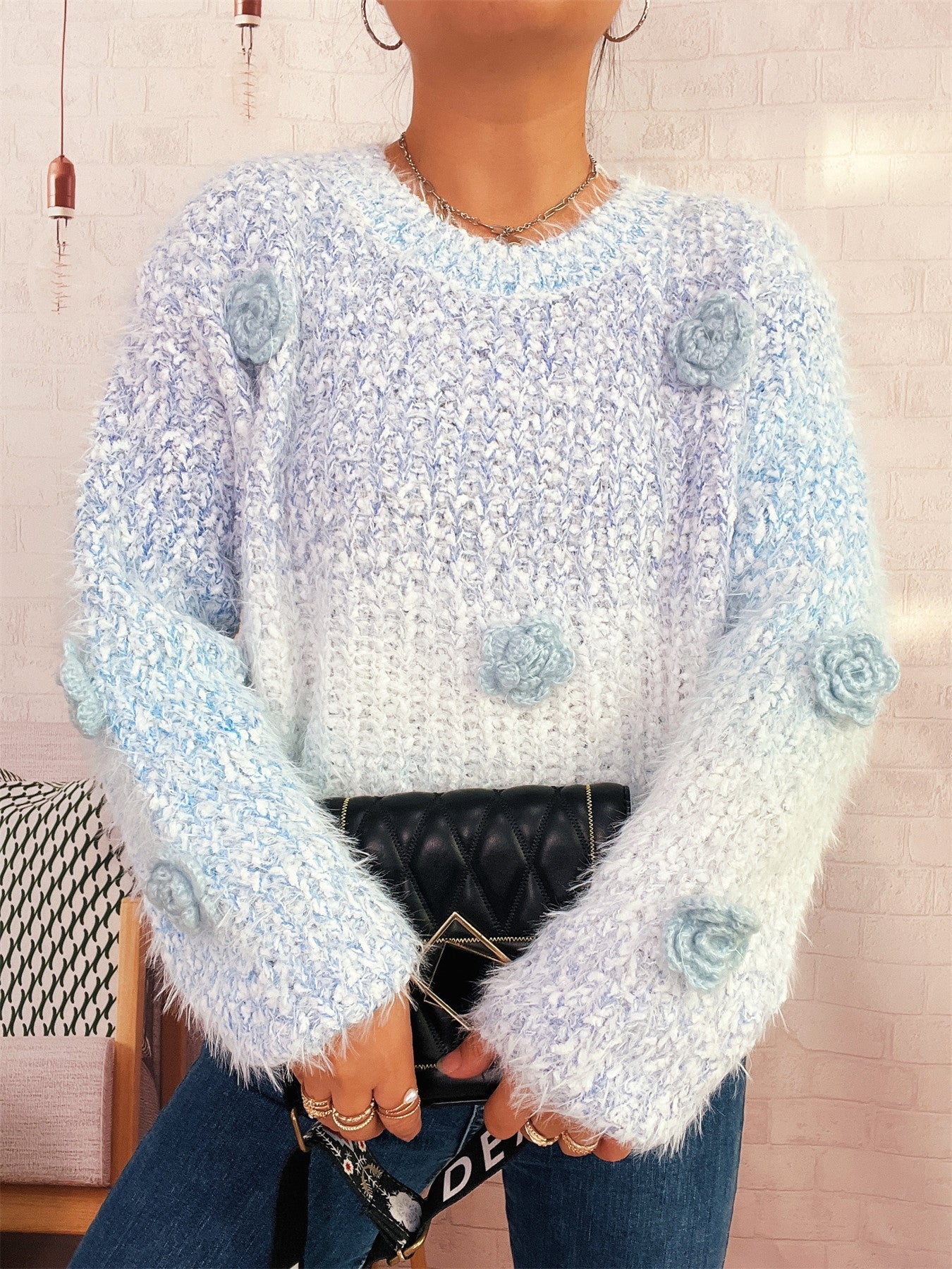 Damen Strickpullover Kuschelig Floralmuster Beige