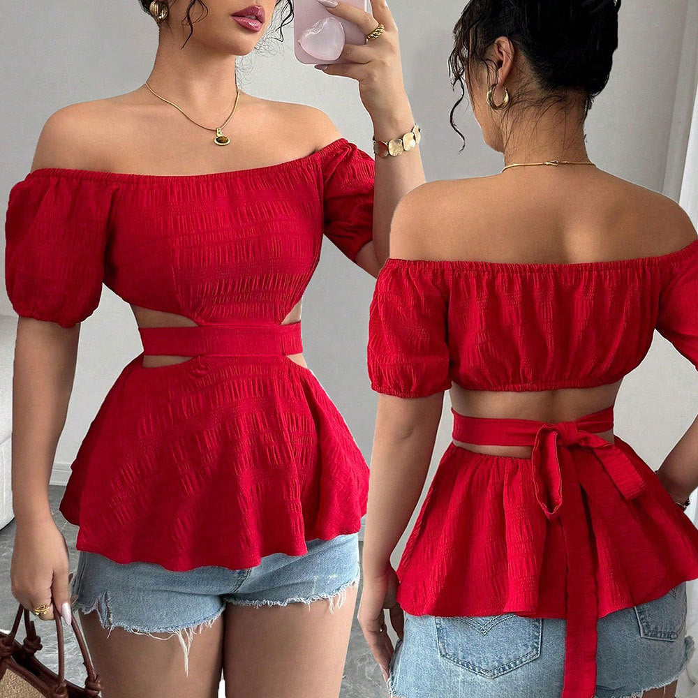 Damen Off-Shoulder Bluse Rüschensäumig Cut-Outs - Norvielle