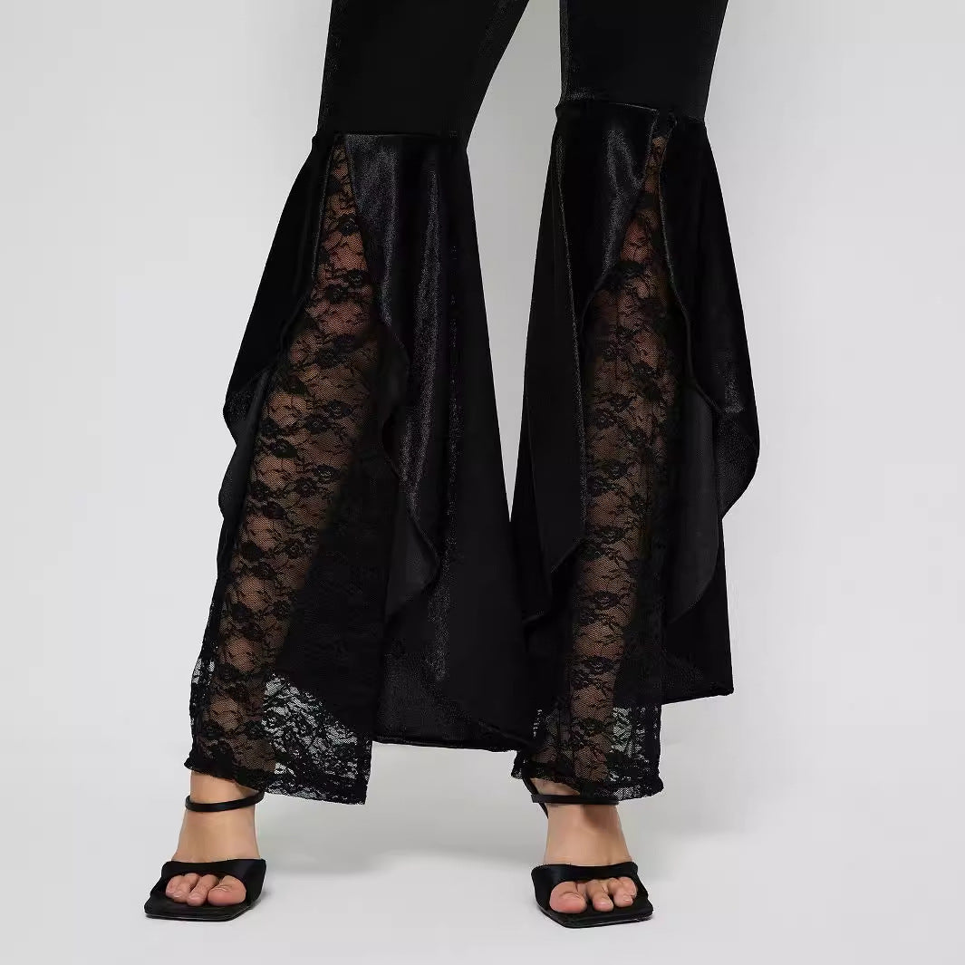 Damen High-Waist Palazzo-Hose Spitze transparent
