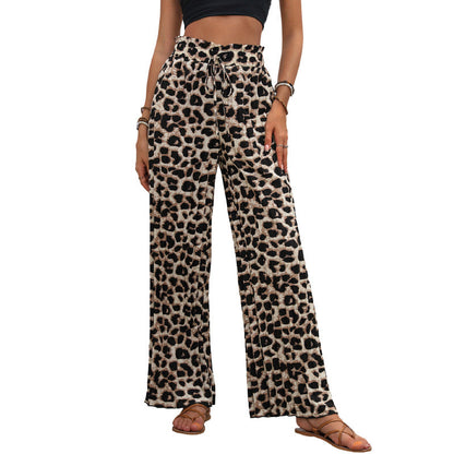 Damen Leinenhose Weit mit Elastikbund Leopardenmuster Beige