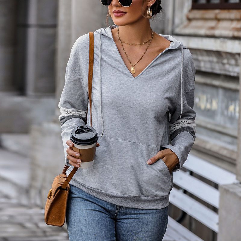 Damen Hoodie V-Ausschnitt Kontrastdetails