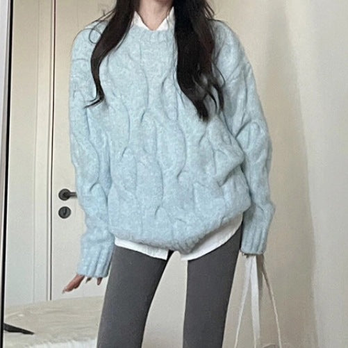 Damen Grobstrickpullover Strukturiertes Zopfmuster Lässig Beige