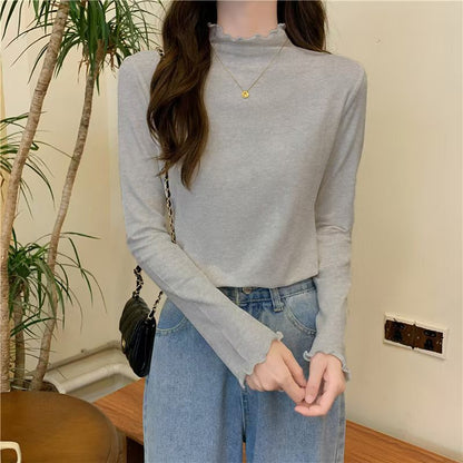 Damen Langarmshirt Stehkragen Rüschen Norvielle