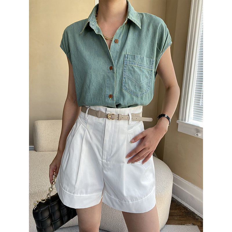 Damen Bluse Kurzarm Klassischer Hemdkragen Blau - Norvielle