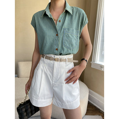 Damen Bluse Kurzarm Klassischer Hemdkragen Blau - Norvielle