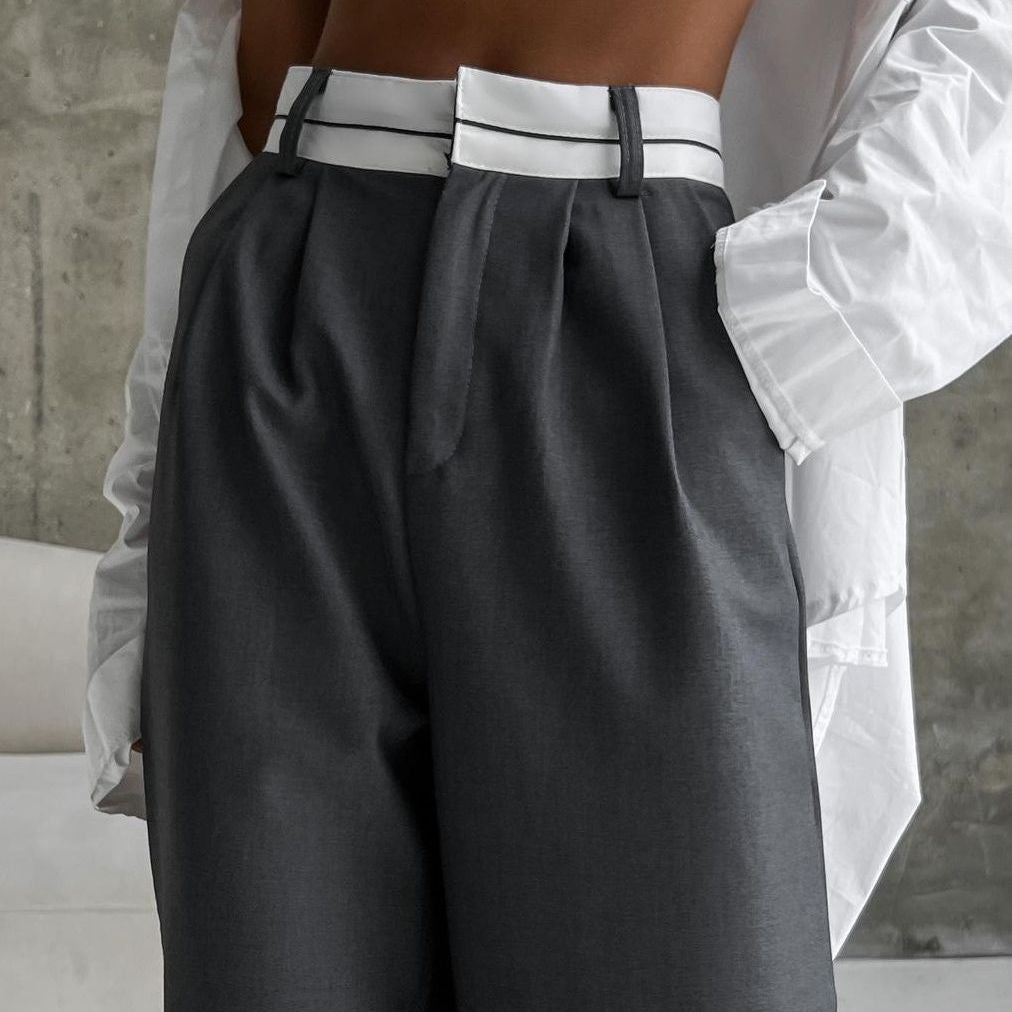 Damenweite Stoffhose Elastischer Bund Kontrastgürtel