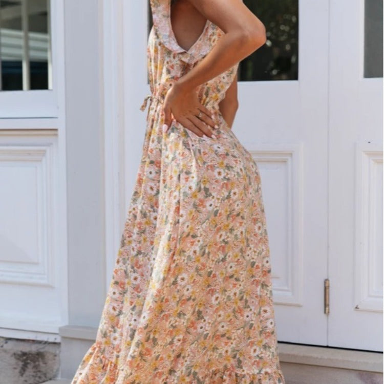 Damen Maxikleid Blumendruck Rüschendetails