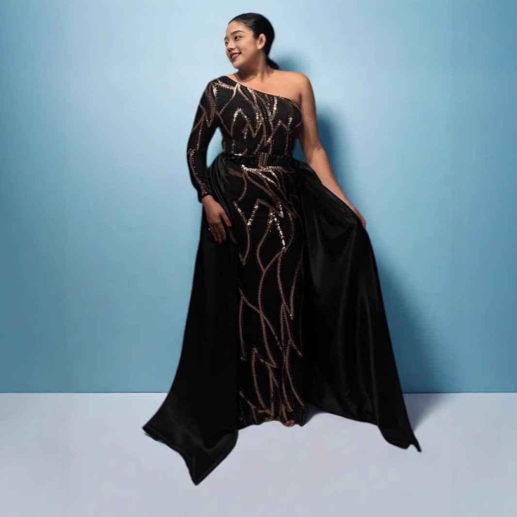Damen Maxikleid Glitzernd Cape Elegant