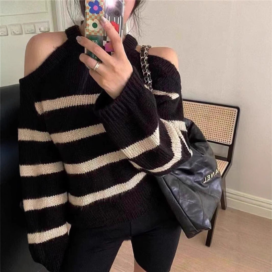 Damen Oversized Pullover Offene Schulter Streifenmuster