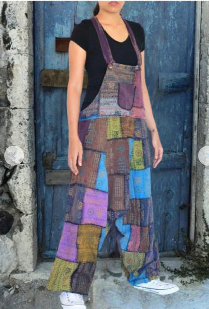 Damen Latzhose Patchwork-Stil Weite Beine Praktische Taschen Norvielle