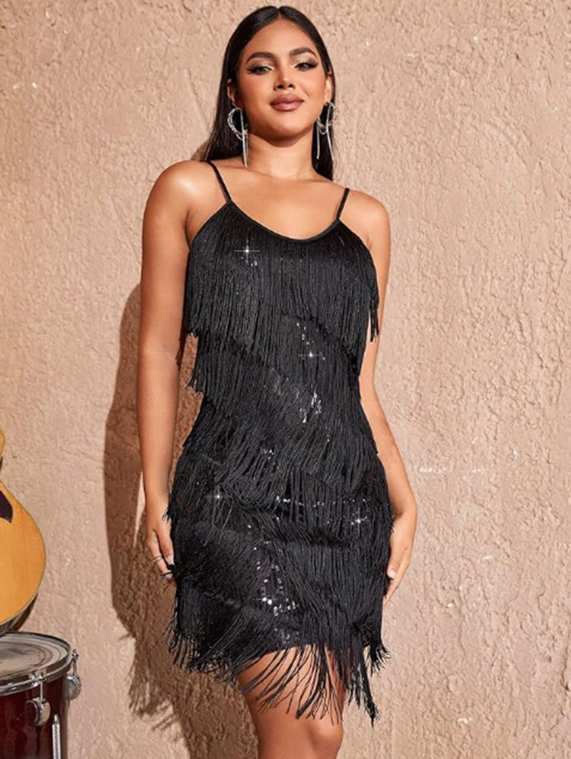 Damen Minikleid mit Paillettenbesatz und Fransen