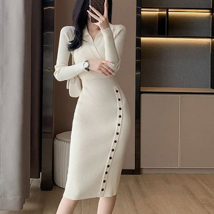 Damen Strickkleid Wickeloptik Knöpfe Norvielle - Norvielle