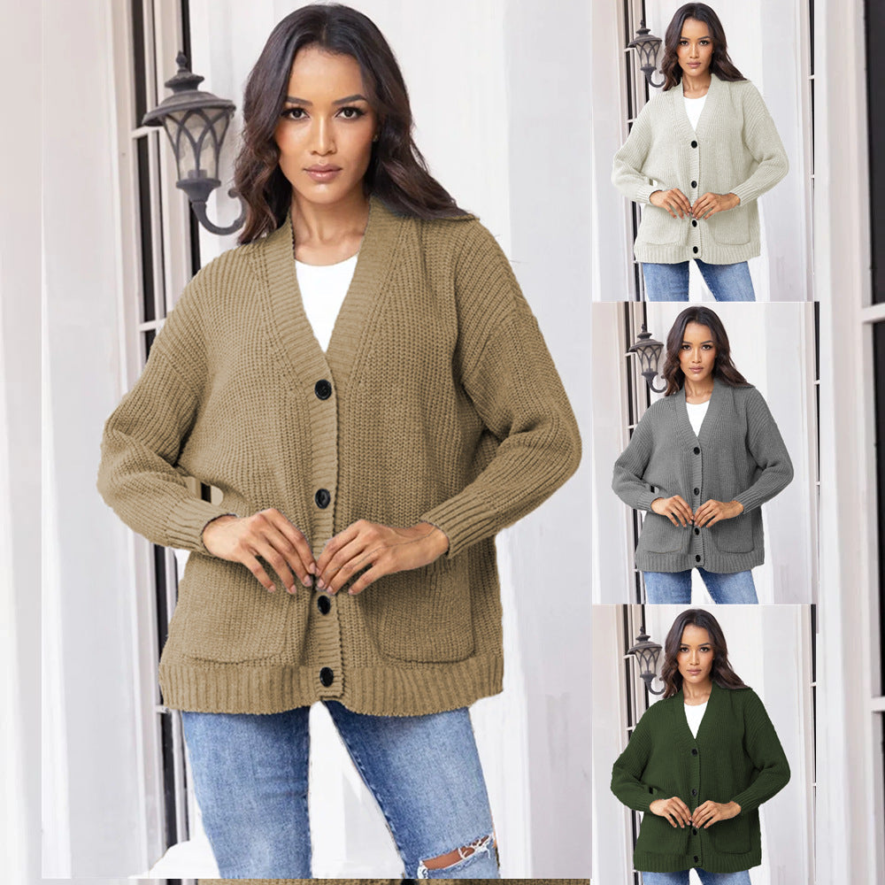 Damen Cardigan Grobstrick Mit Taschen V-Ausschnitt Beige - Norvielle