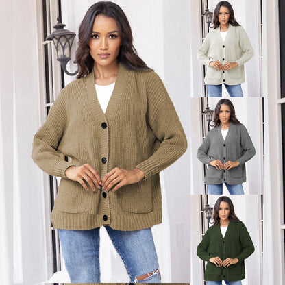 Damen Cardigan Grobstrick Mit Taschen V-Ausschnitt Beige - Norvielle