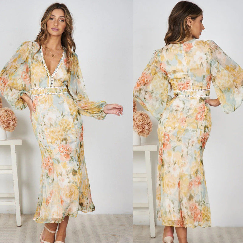 Damen Maxikleid Voluminöse Ärmel Dekorative Details Norvielle - Norvielle