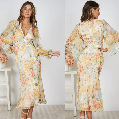 Damen Maxikleid Voluminöse Ärmel Dekorative Details Norvielle - Norvielle