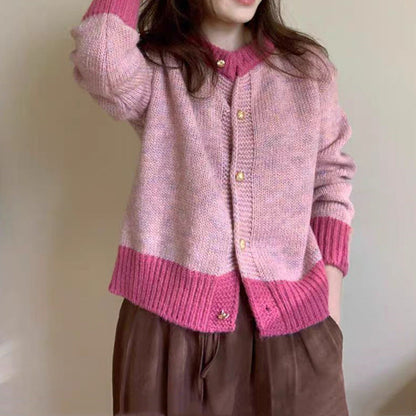 Damen Strickjacke Farbiger Bund Knöpfe Norvielle