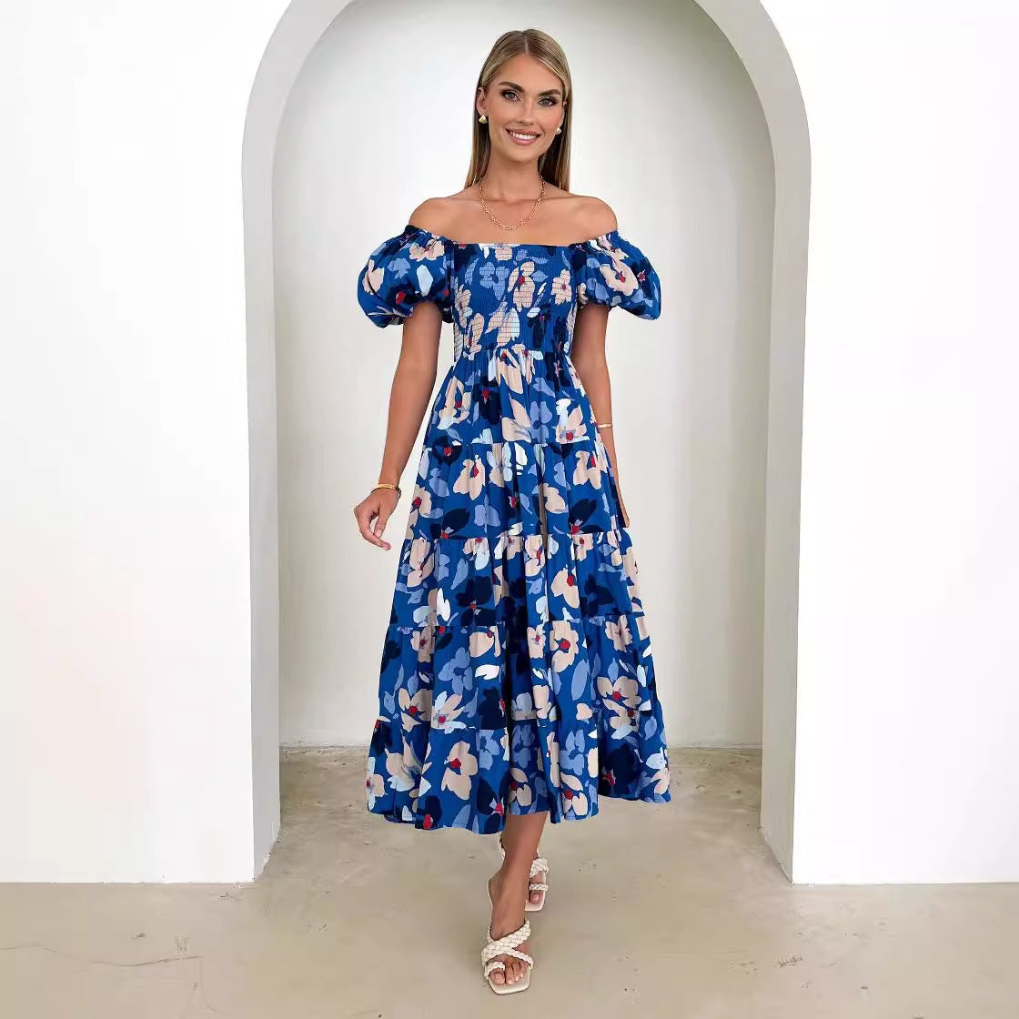 Damen Maxikleid Schulterfrei Voluminöse Puffärmel Norvielle