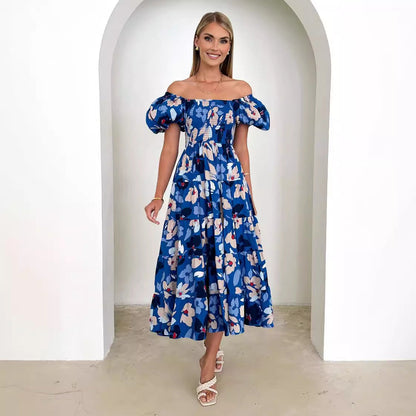Damen Maxikleid Schulterfrei Voluminöse Puffärmel Norvielle