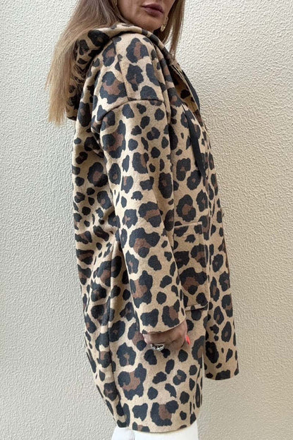 Damen Kapuzenjacke Leopardenmuster Baumwolle Taschen