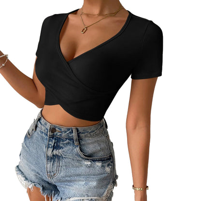 Damen V-Ausschnitt T-Shirt Cropped Wickeldesign Norvielle