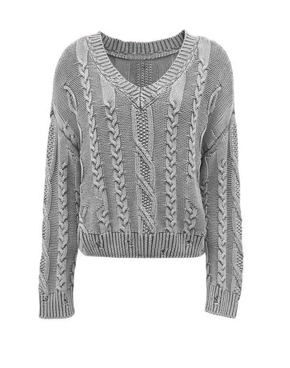 Damen Grobstrickpullover V-Ausschnitt Zopfmuster Norvielle