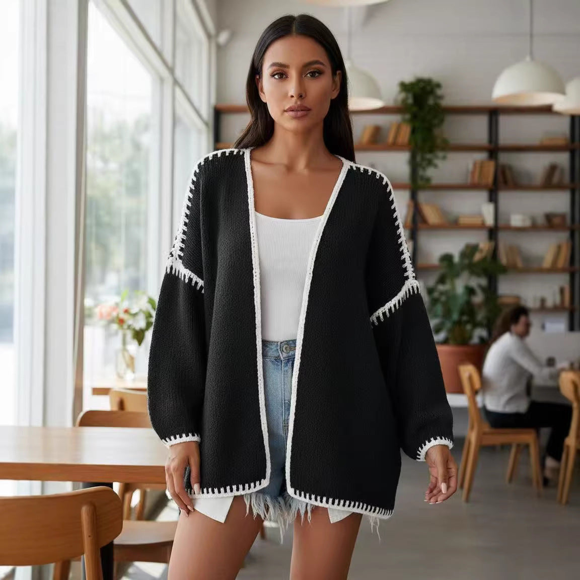 Damen Strickjacke Offen mit Kontrastnähten Norvielle - Norvielle
